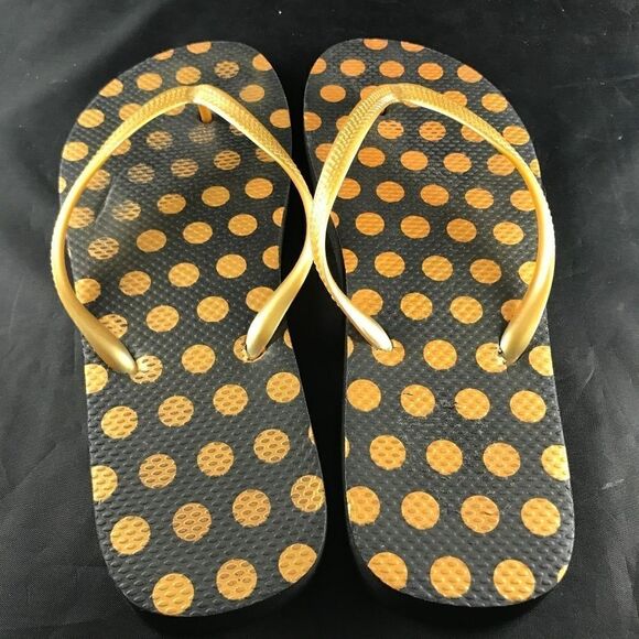 Black and Gold Rubber Flip Flops Polka Dots Size 9 to 10 US Womens - Picture 3 of 4